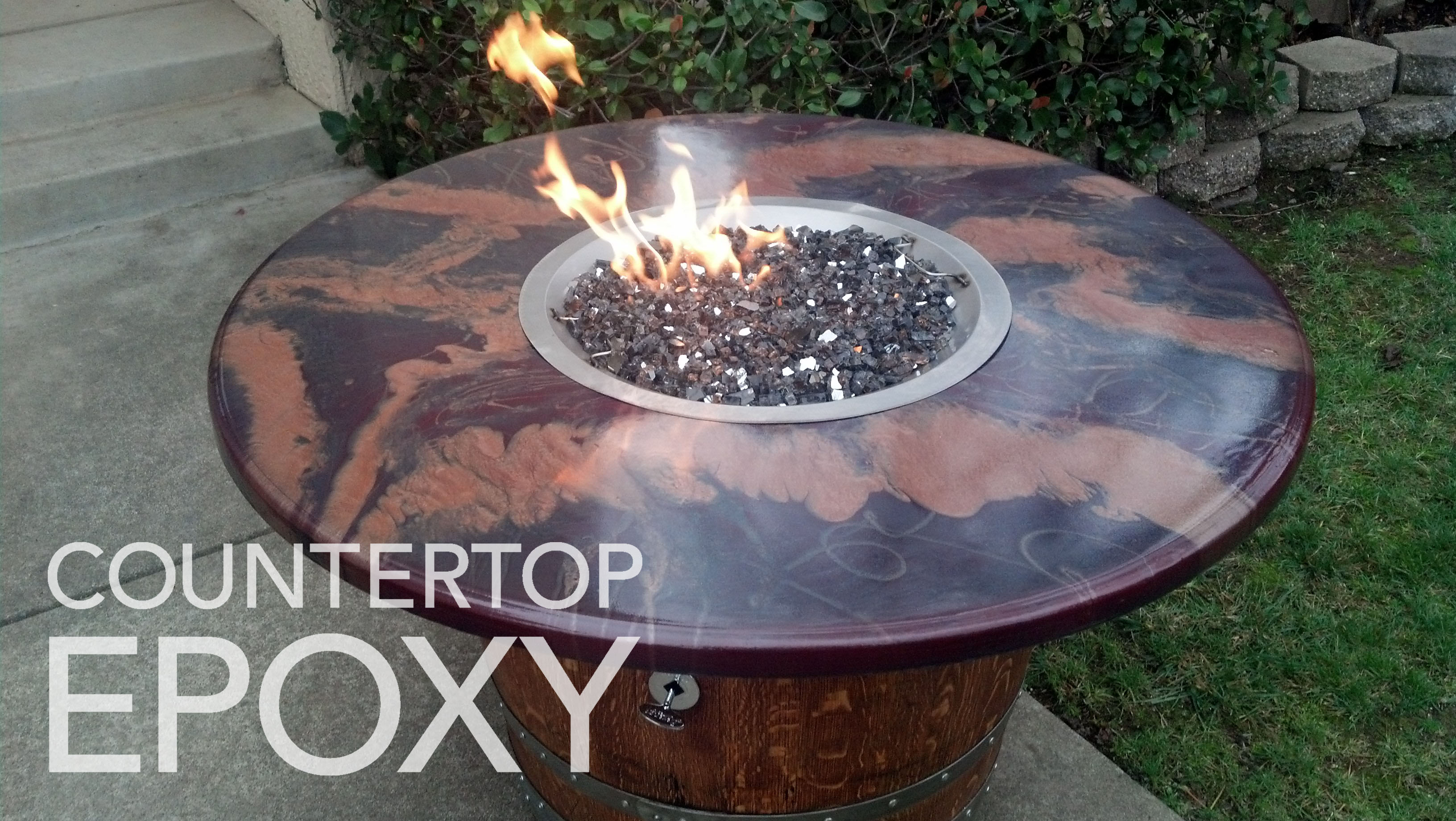 Fx Poxy epoxy countertop epoxy kit on outdoor table surrounding fire pit